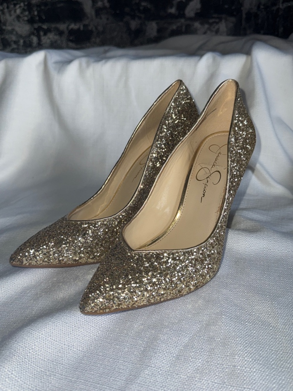 Jessica Simpson Haneh Glitter Gold Pointed Toe Stiletto Pumps Size 8.5 Prom